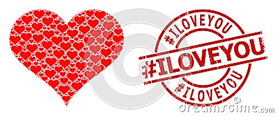 Love Heart Icon Recursive Mosaic and Rubber hash Iloveyou Badge Vector Illustration