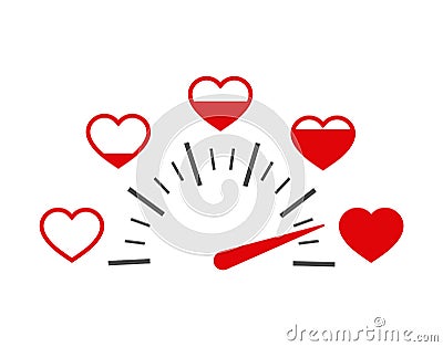 Love heart indicator.Full heart of love with speedometer icon. Love meter of Valentine`s day in flat style.Measuring indicator of Stock Photo