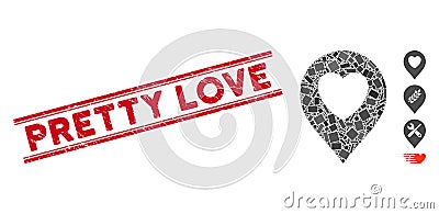 Love Heart Marker Mosaic and Grunge Pretty Love Stamp with Lines Vector Illustration
