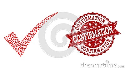 Love Heart Mosaic of Confirm Tick Icon and Grunge Watermark Vector Illustration