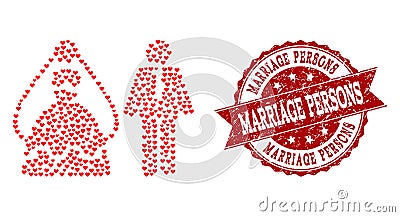 Love Heart Mosaic of Marriage Persons Icon and Rubber Seal Vector Illustration