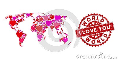 Love Heart Mosaic World Map with Textured Stamp Stock Photo