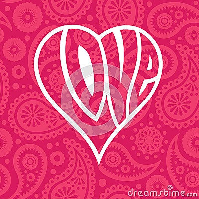Love heart on seamless paisley background Vector Illustration