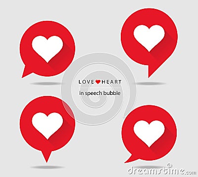 Love heart in speech bubble flat icons with long shadow Vector Illustration