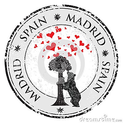 Love heart stamp with statue of Bear and strawberry tree and the words Madrid, Spain inside, vector Vector Illustration