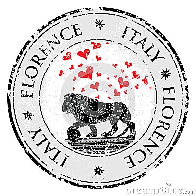 Love heart travel destination grunge stamp with symbol of Florence,statue of a lion, Italy, vector illustration Vector Illustration