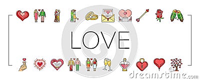 love heart valentine romantic icons set vector Cartoon Illustration