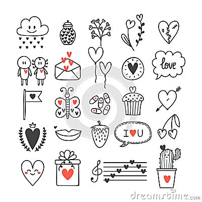 Love and hearts. Hand drawn set of cute doodle elements. Sketch collection for wedding or Valentine`s Day design Vector Illustration