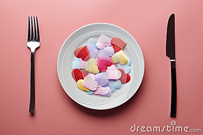 Love hearts in plate. Sex flirt concept. Fall in love in different partners. Pick a new girlfriend or boyfriend. Promiscuity and Stock Photo