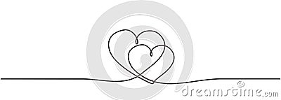 Love hearts sign continuous one line drawing. Single lineart hand drawn of romantic wedding invitation element vector illustration Vector Illustration