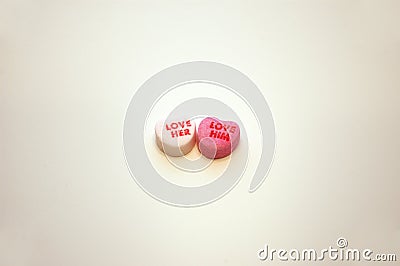 Love Her Love Him Valentines Day Conversation Hearts Stock Photo