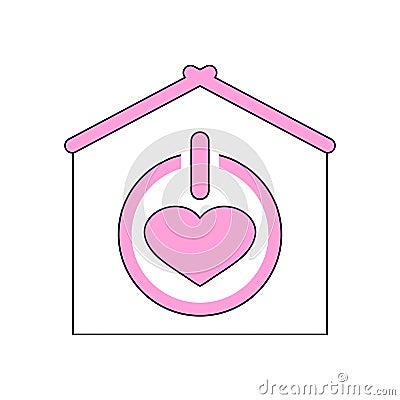 Love home logo and icon template design with heart and power button. Pink vector linear and outline clipart and drawing. Vector Illustration