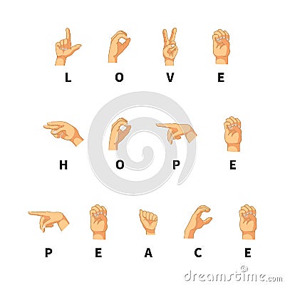 Love, hope and peace words on hand language Stock Photo