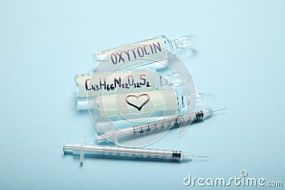 Love hormone, biochemistry oxytocin. Love and heart Stock Photo