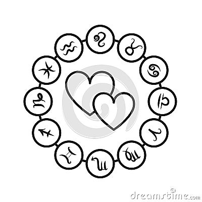 Love horoscope black line icon. Love, romance, relationships and compatibility between zodiac signs. Pictogram for web page, Stock Photo