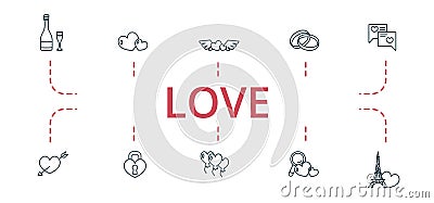 Love icon set. Contains editable icons theme such as balloon, love search, euphile tower and more. Stock Photo