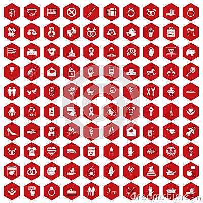 100 love icons hexagon red Vector Illustration