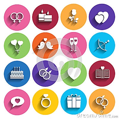 Love icons set in flat style. Vector Illustration