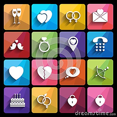 Love icons set in flat style. Vector Illustration