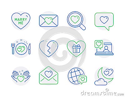 Love icons set. Included icon as Valentine, Love message, Romantic dinner signs. Vector Vector Illustration