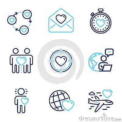 Love icons set. Included icon as Valentine target, Honeymoon travel, Heartbeat timer signs. Vector Vector Illustration