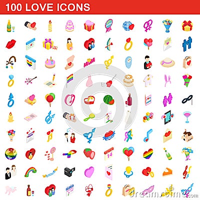 100 love icons set, isometric 3d style Vector Illustration