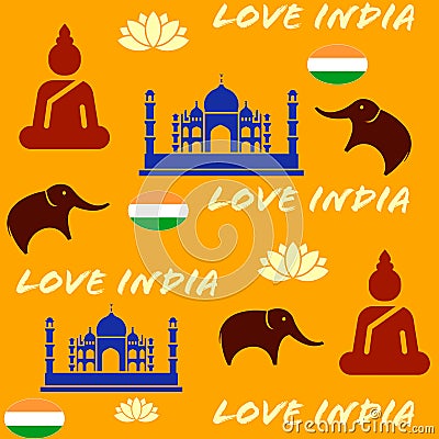 Love India Seamless pattern, Bright colourful background with elements of Culture of Asia in Cartoon style Stock Photo