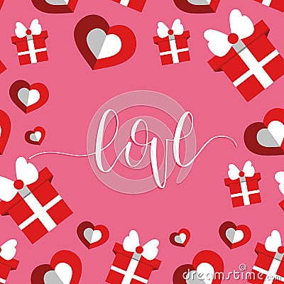 Love inscription on pink background. Happy Valentines day handwritten lettering card. February 14 modern calligraphy. Vector Illustration
