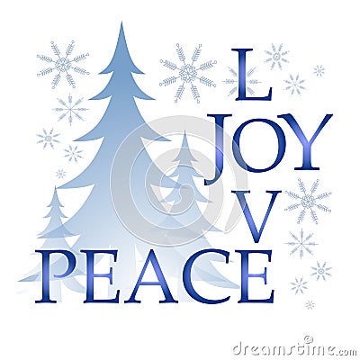 Love Joy Peace Christmas Card With Tree and Snow Cartoon Illustration