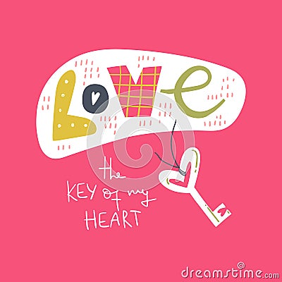 Love and key of my heart. Pink background with illustartion. Simple style. Stock Photo
