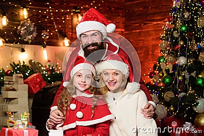 Love and kindness. Caring closest people. Togetherness concept. Being best Santa for them. Father Santa claus costume Stock Photo