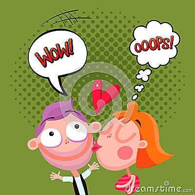 Love Kiss Composition Comic Style Vector Illustration