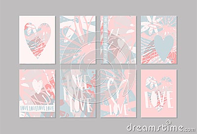 Love. A large set of modern romantic design layouts. Pink, blue and white poster with heart and text for wedding, greeting card, Cartoon Illustration