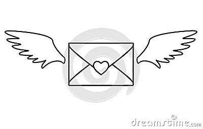 Love letter. Heart-sealed envelope with angel wings. Flying envelope - Valentine. Valentine day letter - vector linear picture for Vector Illustration