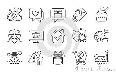 Love letter, Ice cream and Hat-trick icons set. Heart, Shopping cart and Honeymoon cruise signs. Vector Vector Illustration