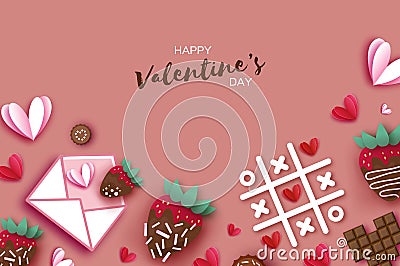 Love Letter, Strawberry and Chocolate. Valentines Day Greeting Card. Hearts paper cut style. Sweet dessert, choco candy Vector Illustration