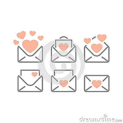 Love letters and heart line and fill vector icon set Vector Illustration