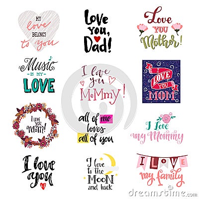 Love lettring vector lovely calligraphy lovable sign to mom dad iloveyou on Valentines day beloved card illustration set Vector Illustration