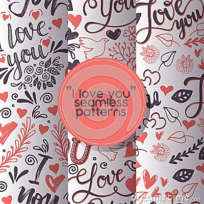 Love lettring vector seamless pattern lovely calligraphy lovable sign sketch iloveyou on Valentines day beloved card Vector Illustration