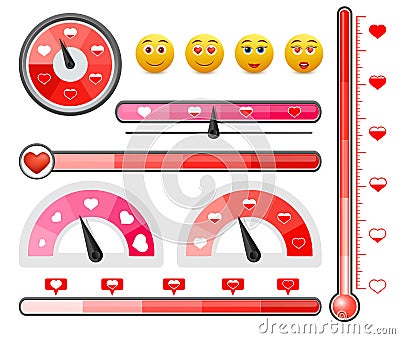 Love level meter set, vector isolated illustration. Love gauge, scale, thermometer with hearts. Vector Illustration