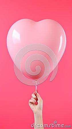 Love Lifted: A Single Heart-Shaped Balloon Held Aloft Against a Pink Canvas. Generative AI Stock Photo