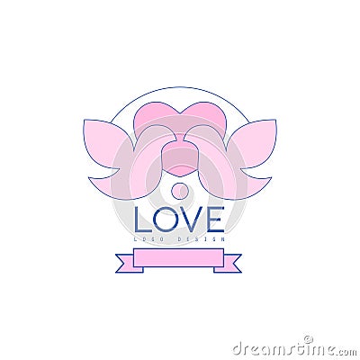 Love line logo design with love doves, heart and ribbon Vector Illustration