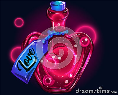 Love liquid in a jar - magic poison illustration for valentine`s day. Recipe for attraction in a heart-shaped bottle. Neon fantasy Vector Illustration