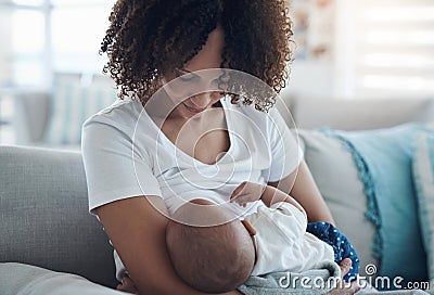 Love, living room and mother breastfeeding her baby for health, nutrition and wellness at home. Bonding, care and young Stock Photo