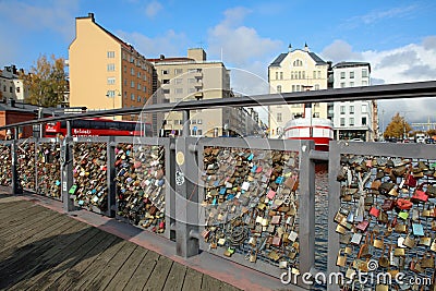 Love Locks Bridge near the Harbor of Helsinki. Finland Editorial Stock Photo