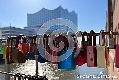 Love Locks hanging on a bridge in the Port of Hamburg Editorial Stock Photo