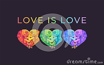 Love is love. Pride month rainbow illustration with cute chameleons. Vector Illustration