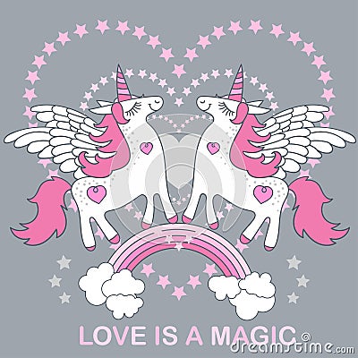 Love is magic. A handsome, cute, cartoon white unicorn on a gray background. Vector Vector Illustration