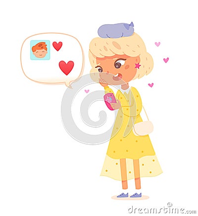 Love match bubble with hearts in chat app and kid, happy girl boy flirt on online date Vector Illustration