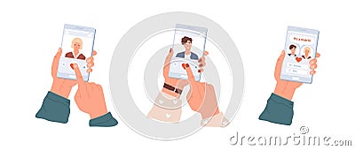 Love match between man and woman in dating app. Male and female hands holding mobile phones with application for couple Vector Illustration